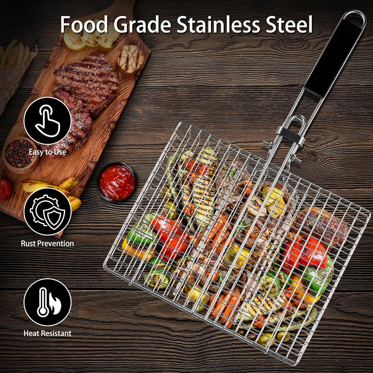 Pleafind Grill Basket Set - 8 PCS, Portable BBQ Grilling Basket with Removable Handle, Stainless Steel Grill Baskets for Outdoor Grill, Includes Silicon Brush, Steel Clip and 4 Skewers