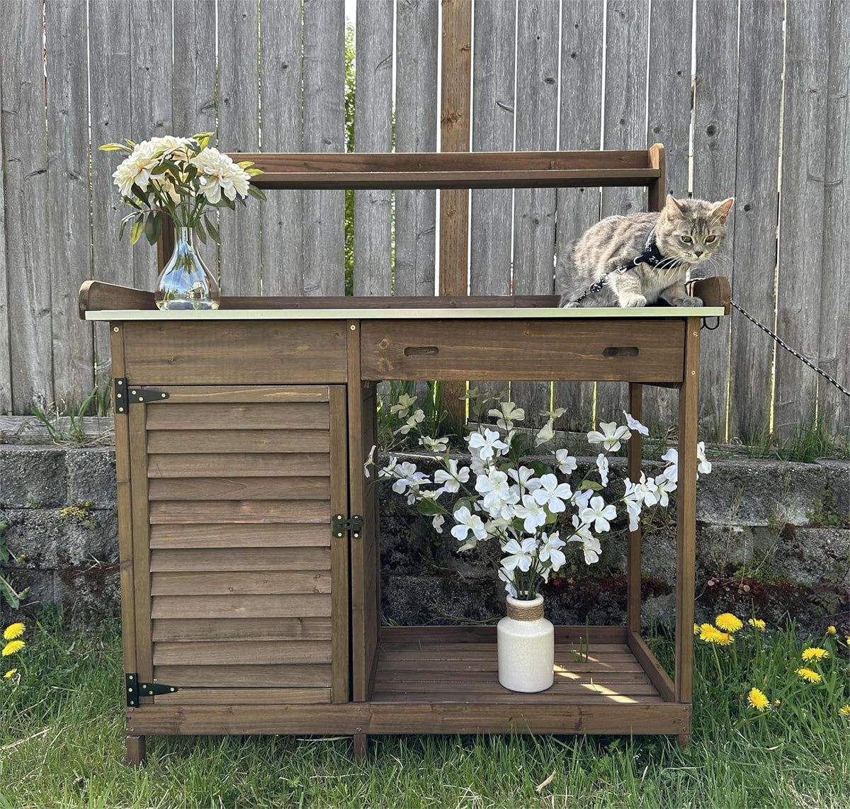 Garden Potting Benche Table Outdoor Wooden Work Station W/Metal Table top,Cabinet,Drawer,Large Bottom Shelf,Open Shelf Natural Wood-Brown-Brown