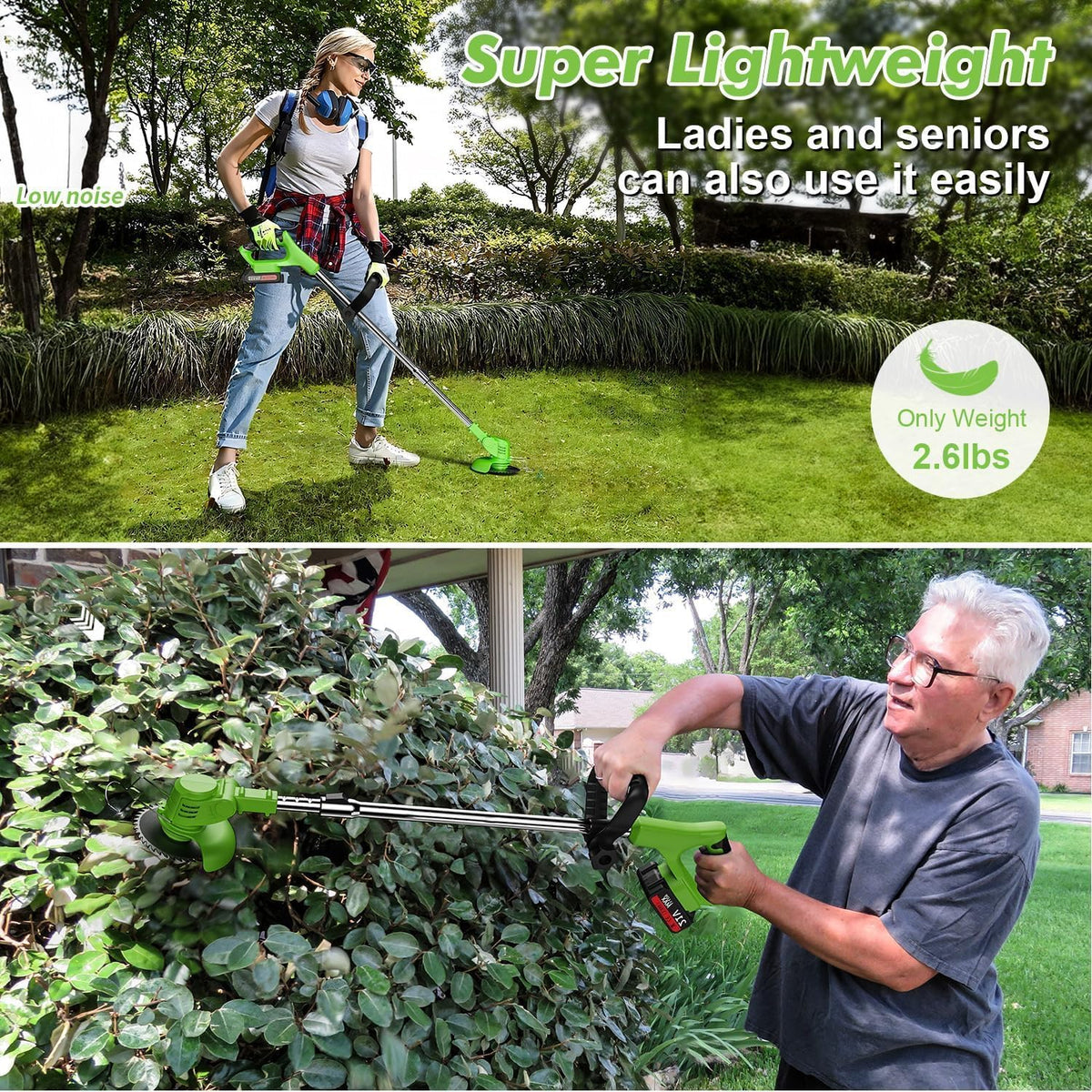 Electric Weed Wacker,Weed Eater on Battery Operated,Comes with Two 24V Batteries and Three Different Types of Blades,3 in 1 Trimmer Lawn/Cordless Trimmer for Lawn Yard Garden (Green)