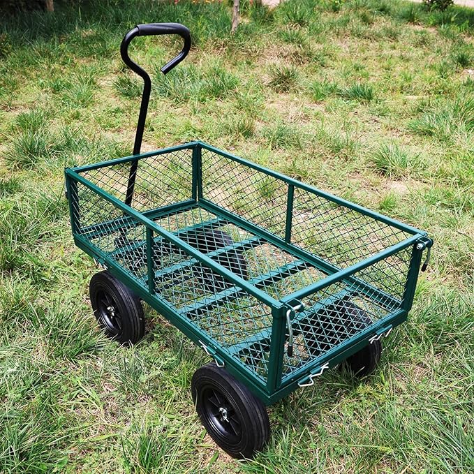 Heavy Duty 480 Lbs Capacity Mesh Steel Garden Cart Folding Utility Wagon with Removable Sides (Green)