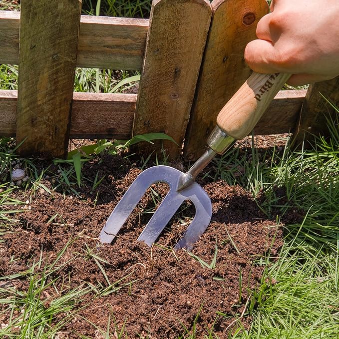Berry&Bird Gardening Hand Fork, Stainless Steel Hand Weed Fork, Traditional Garden Hand Fork Tool with Ergonomic Ash Wood Handle for Weeding, Digging, Planting and Cultivating