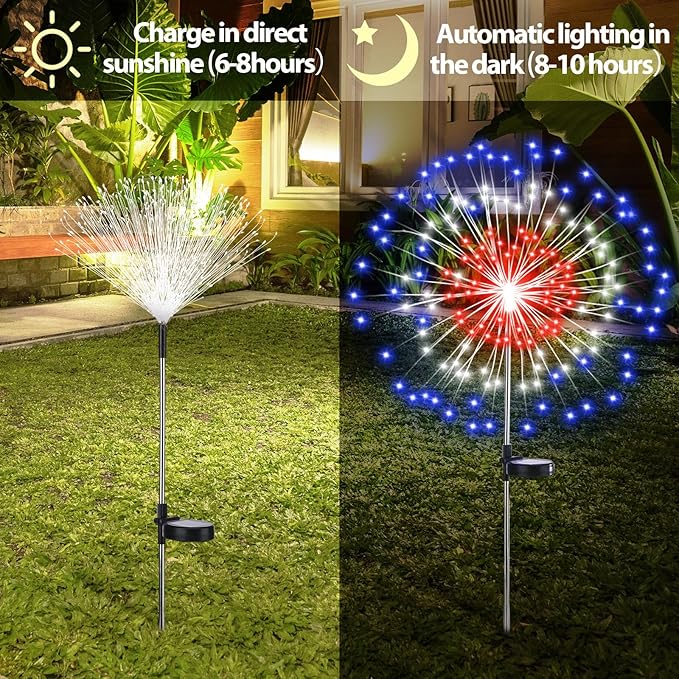 4th of July Decorations Outdoor 4 Pack Solar Power Yard Firework Lights Patriotic Garden Waterproof Solar Lights with 180 LED 8 Modes for Independence Day Party Decoration(Red, White, Blue)