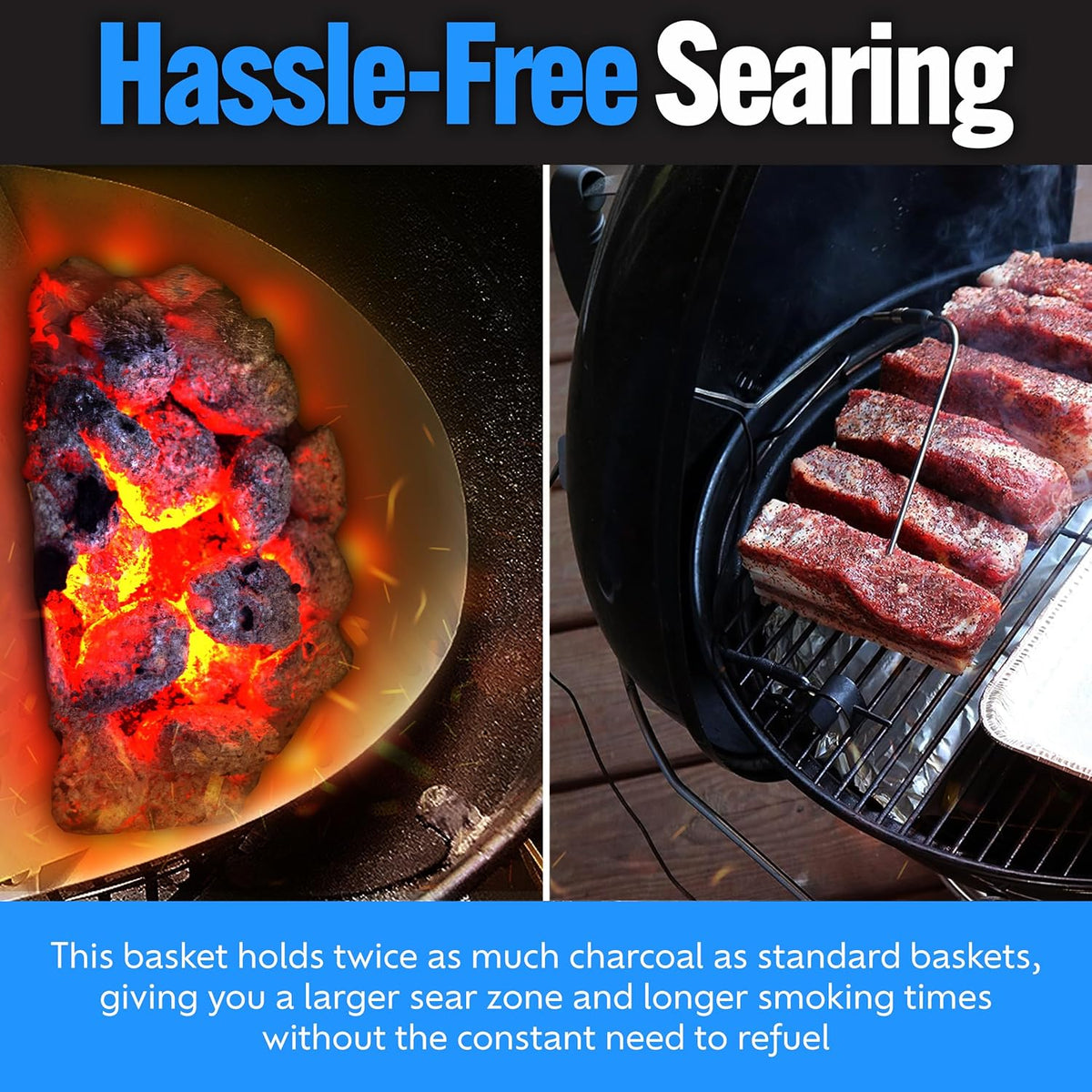 SnS Grills Slow ‘N Sear Charcoal Inserts for Low ‘N Slow & High-Heat Cooking - Patented Stainless Steel Accessories for Kettle Grills - Charcoal Basket 18"