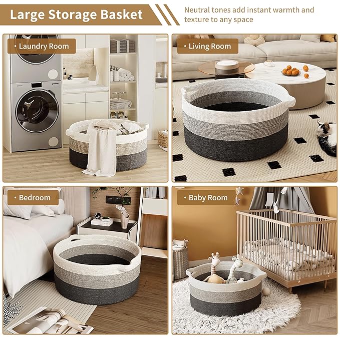 125L Extra Large Blanket Basket, 25" x 16", Jumbo Laundry Woven Baskets Decorative Home, Cotton Rope Basket with Handles, Baby Toy Baskets for Storage, Gradual Gray