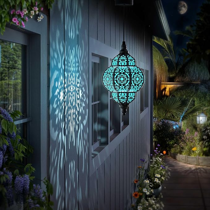 Hanging Solar Lights Outdoor Garden Decor Solar Lantern Waterproof Plastic Moroccan Outdoor Decorations for Patio Pathway Yard Backyard Garden Decorative (1, Black)