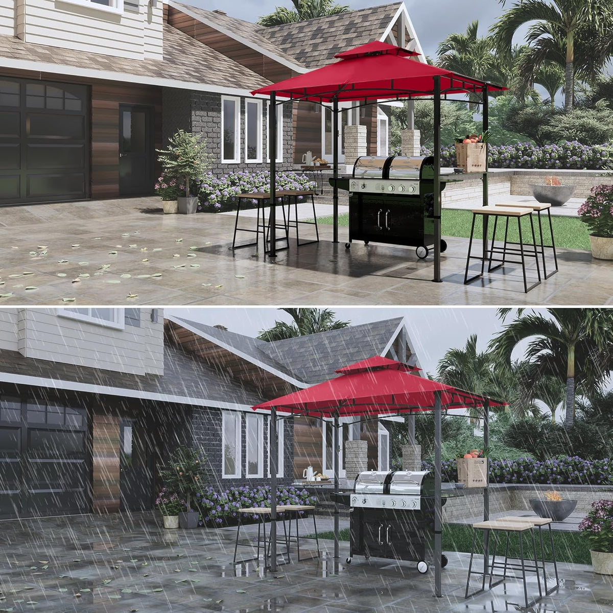 COOSHADE 8'x 5' Grill Gazebo Double Tiered Outdoor BBQ Gazebo Canopy with LED Light (Burgundy)