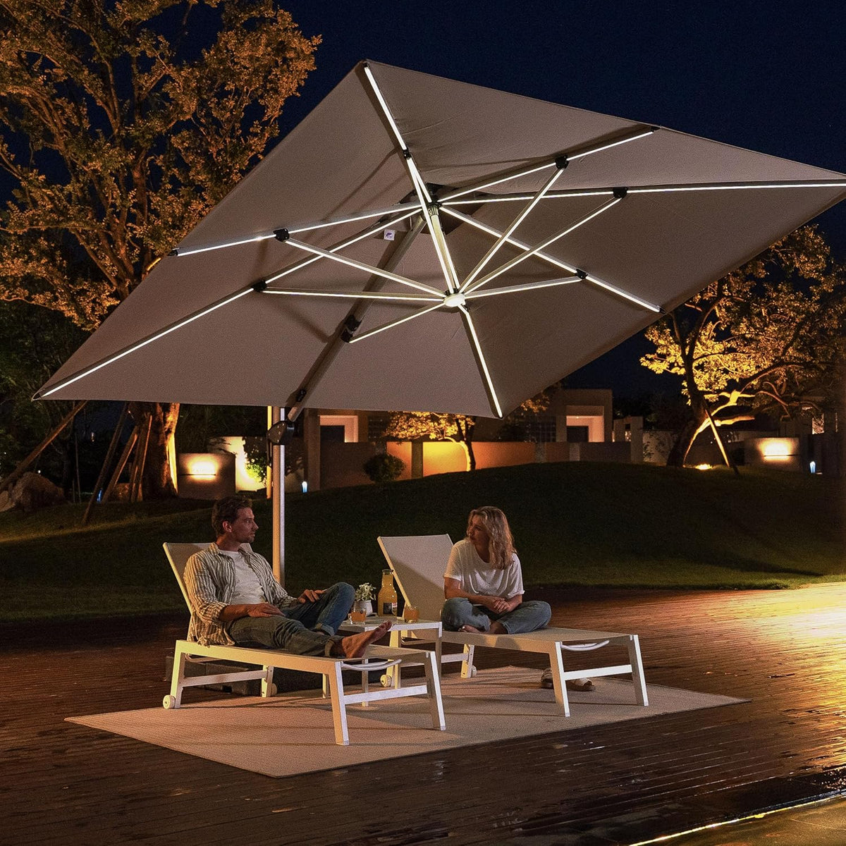 PURPLE LEAF 11 Feet Double Top Deluxe Solar Powered LED Square Patio Umbrella Offset Hanging Umbrella Outdoor Market Umbrella Garden Umbrella, Beige
