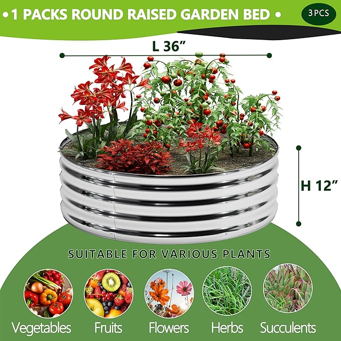 3PCS 3x3x1FT Galvanized Raised Garden Bed Kit,Vegetable Boxes-Round Metal Flower Box,Large Planter Raised Beds Outdoor Garden for Planting,Fruit,Herb-Sliver