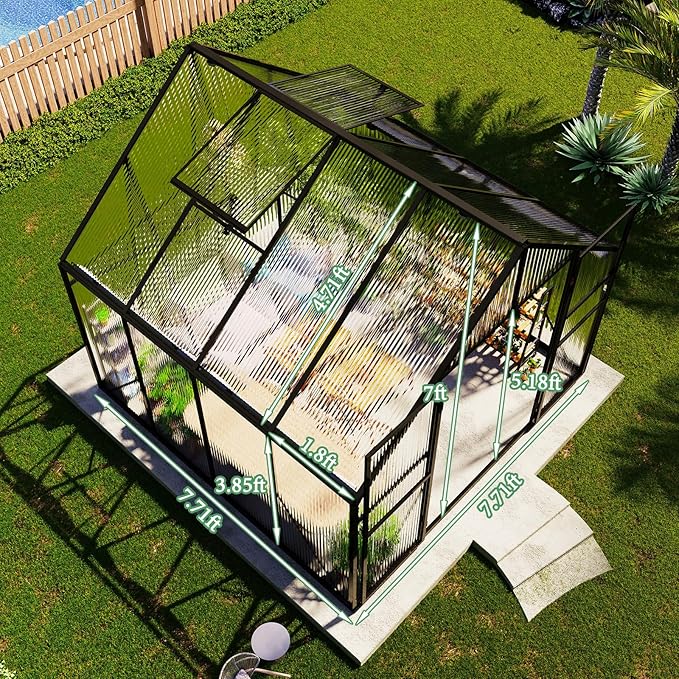 Amerlife 8x8x7 FT Ft Polycarbonate Greenhouse for Outdoors, Walk-in Design with Aluminum Frame, 2 Windows and Swing Door, Heavy-Duty Greenhouse Construction for Garden, Black