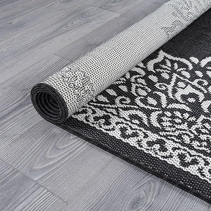 CAMILSON Outdoor Rug, 5x7 Medallion Black White Modern Area Rugs for Indoor and Outdoor Patios, Kitchen and Hallway Mats, Washable Porch Deck Outside Carpet (Medallion Black, 5 x 7)