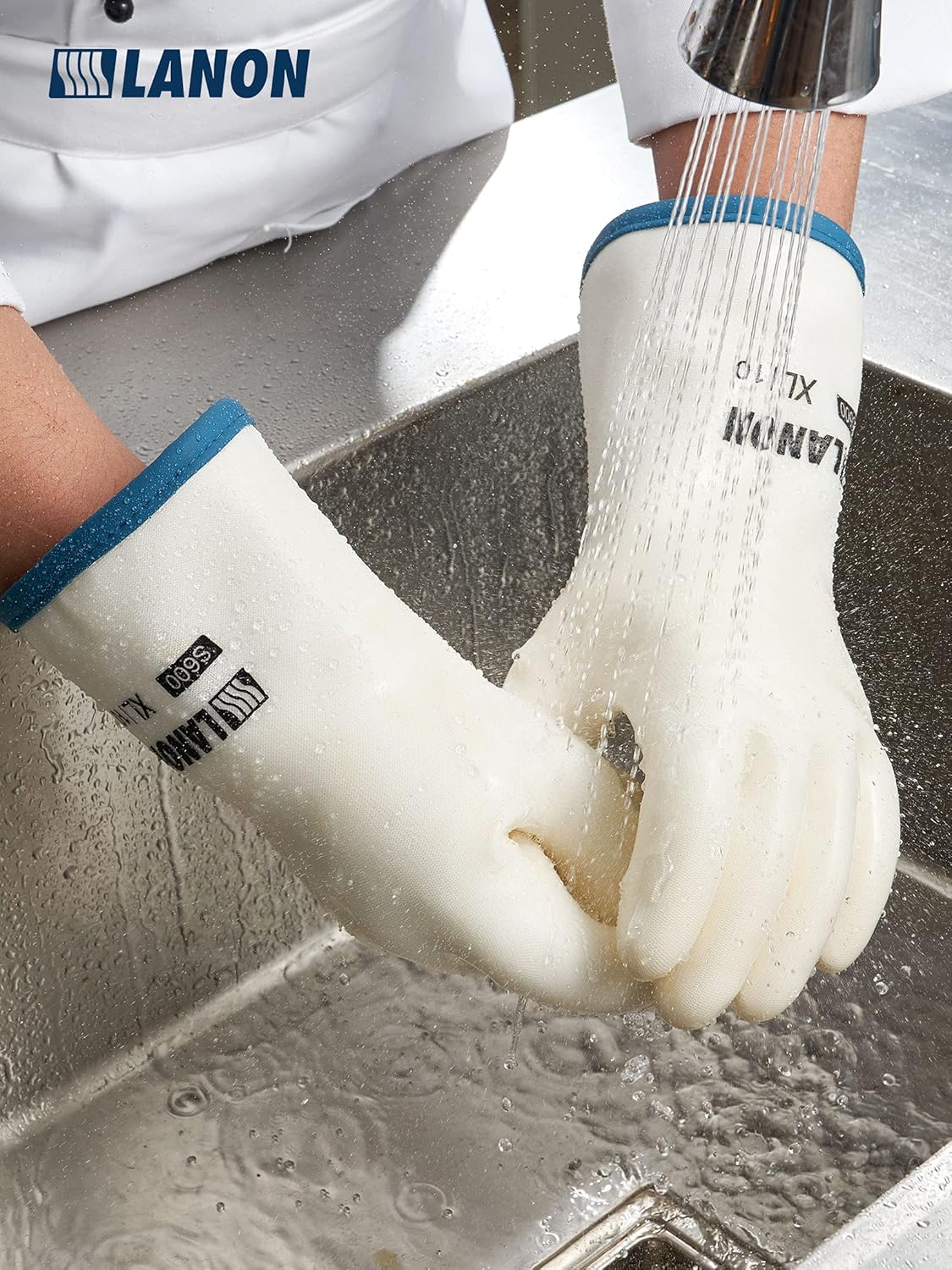 LANON Liquid Silicone Gloves, Heat Resistant Oven Gloves with Fingers, Food Grade, Waterproof, White, Medium