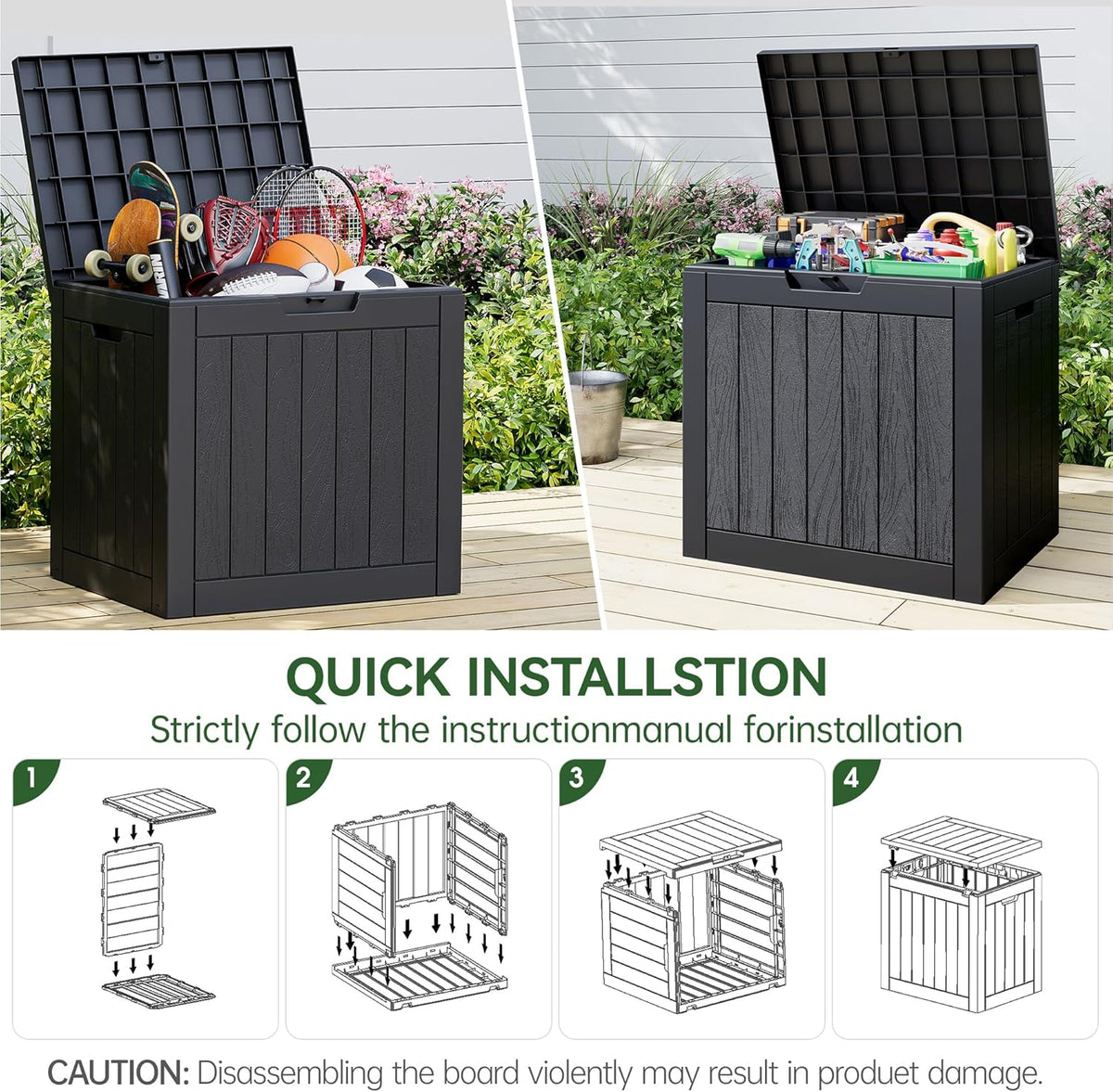 KAMABOKO Deck Box, 35 Gallon Resin Indoor and Outdoor Storage Boxes Waterproof for Garden Tools, Pool Accessories Storage Bench, Patio Furniture and Cushions with Lockable Lid, Black