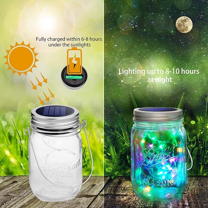 30 LED 10 Packs Solar Mason Jar Lights [Updated] Fairy Firefly Jar Lids String Lights with Hangers Waterproof Patio Yard Garden Wedding Party Decoration - Colorful (NO Jars)