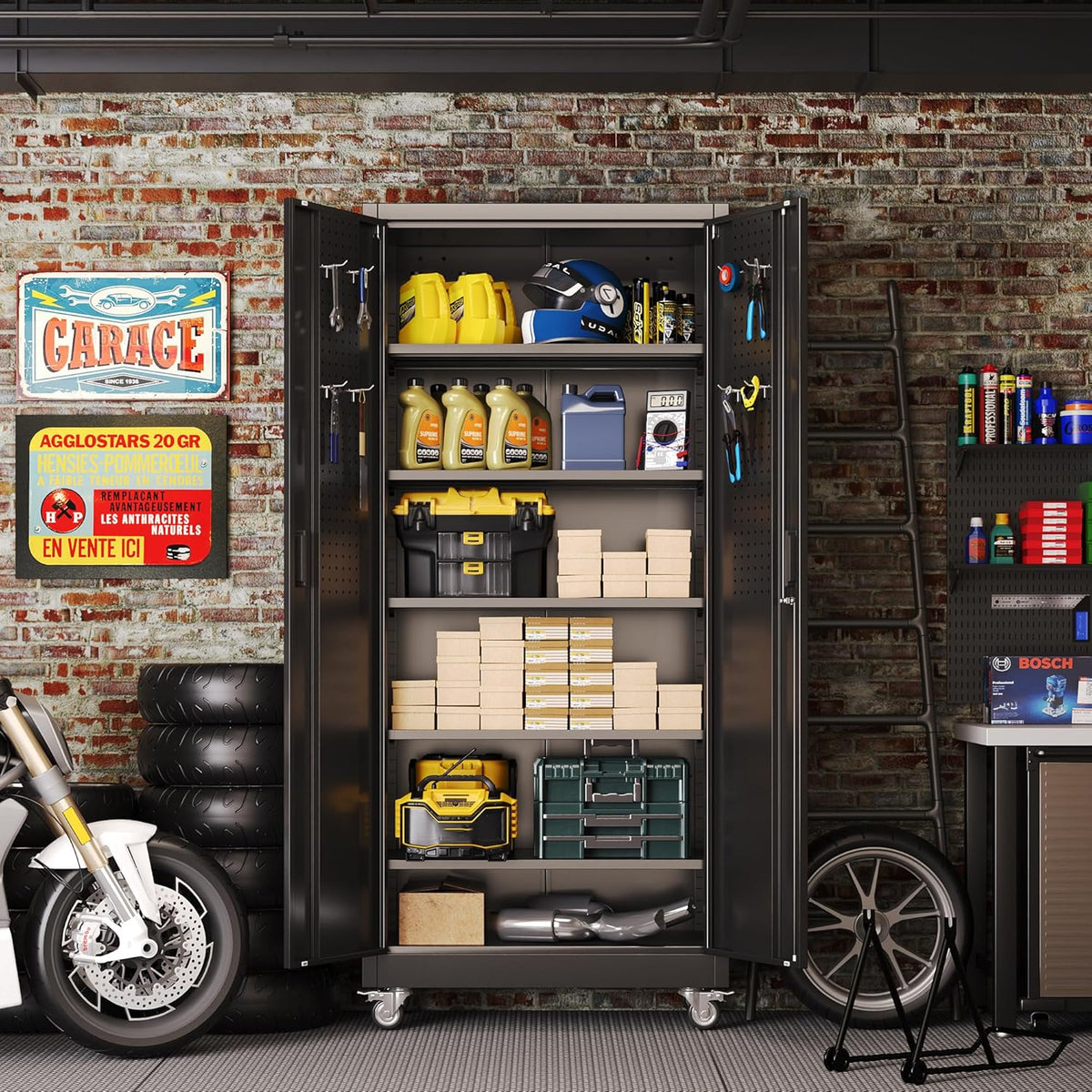 Metal Garage Storage Cabinet with Wheels & Pegboard, Lockable Metal Storage Cabinets with 2 Doors&5 Adjustable Shelves for Garage&Home,Assembly Required,Black 71''H x32''W x16''D