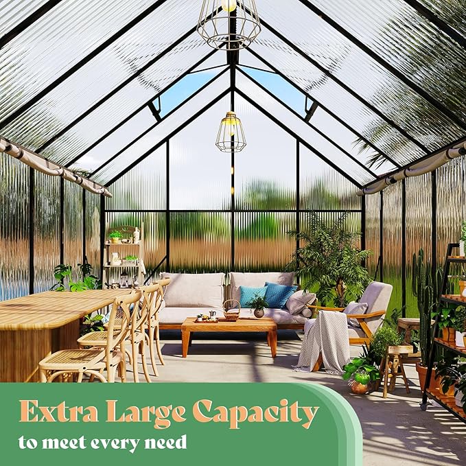 Amerlife 8x11.5x7 FT Polycarbonate Greenhouse for Outdoors, Walk-in Design with Aluminum Frame, 2 Windows and Swing Door, Heavy-Duty Greenhouse Construction for Garden, Black