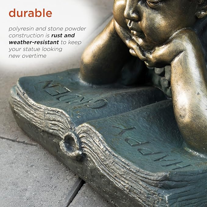 Alpine Corporation 16" Tall Indoor/Outdoor Girl Laying Down Reading Book Statue Set Yard Art Decoration