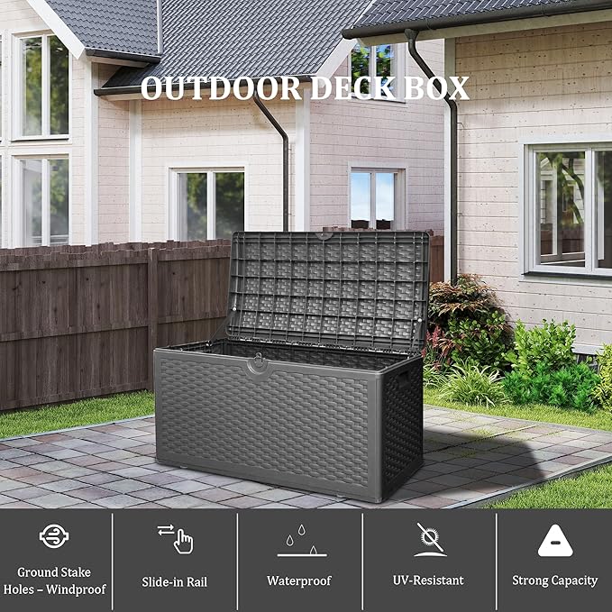 80 Gallon Plus Outdoor Storage Box Waterproof Lockable Resin Deck Box Large, Patio Storage Bin for Pool Accessories Cushion Furniture, Garden Tools, UV-Resistant Outside Delivery Black