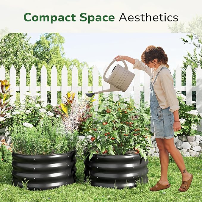 GreatBuddy 2x2x1 ft Round Galvanized Raised Bed, Easy-Assembly Raised Garden Bed with Anti-Cut Gloves & Tools, Rust-Proof Garden Bed for Outdoor, Vegetables, Herbs, Small Trees, Black