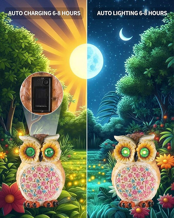 Hand-Painted Resin Owl Figurine with Glow-in-The-Dark Eyes, Solar-Powered Garden Decor 5.5'' Lawn Ornaments Statue Gardening Gifts for Outside Yard Art Patio (Owl)