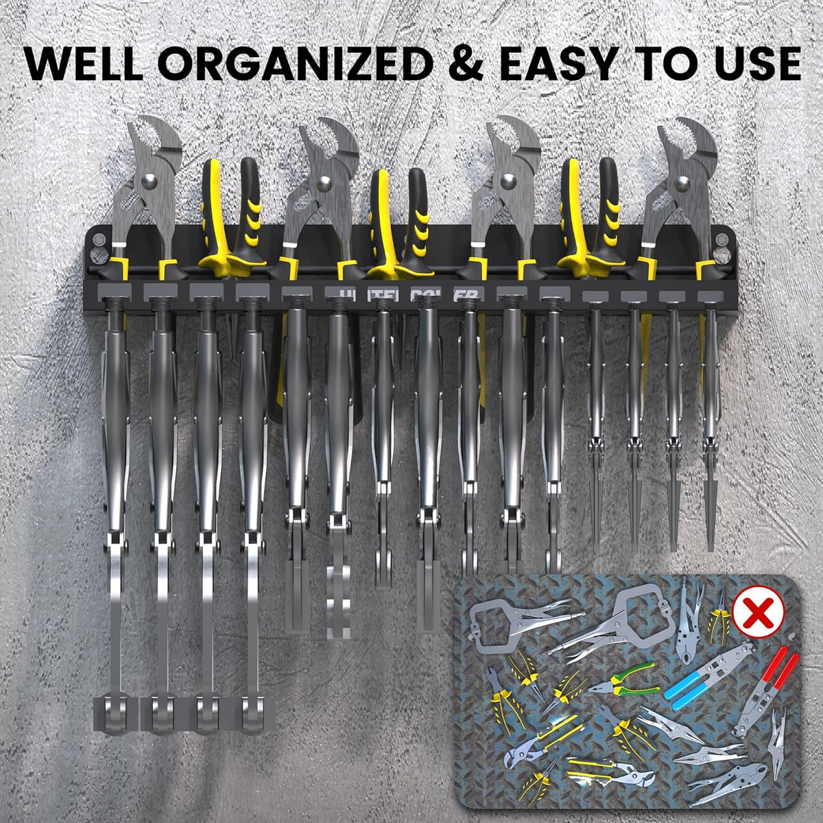 UNITEDPOWER Vise Grip Holder, Wall Mount Pliers Storage Rack Organizer for Workshop, Shed, Garage, Stores up to 15 Vises or 11 Pliers