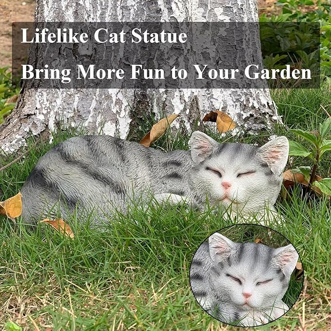 Cat Figurines Outdoor Statue Garden Decor, Cat Statue Garden Statues Outdoor Clearance for Patio, Lawn Decoration, 11.5" Larger Grey Sleeping Cat Statue for Indoor Table Accessory, Cat Gift for Mom