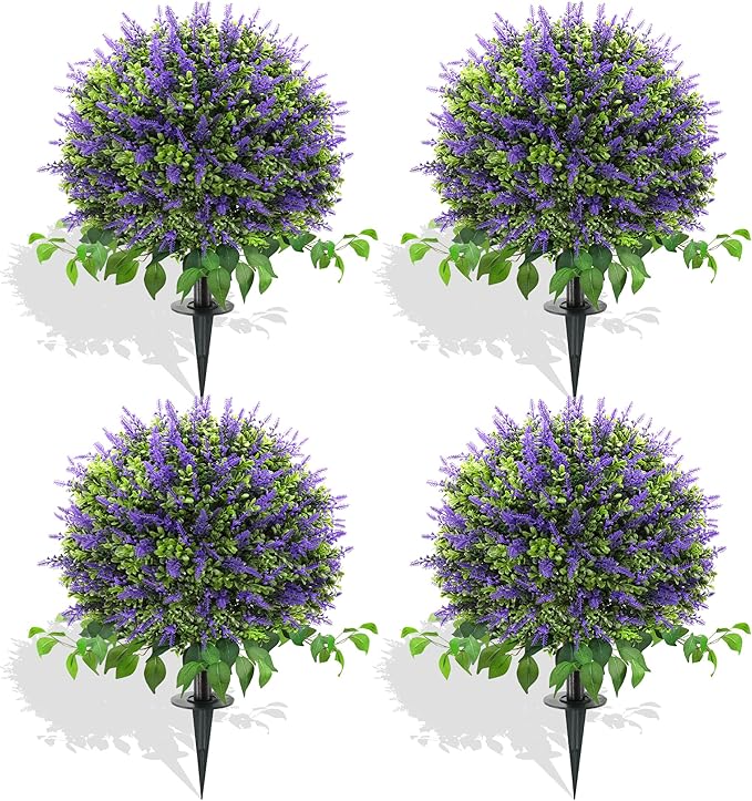 28" Artificial Boxwood Topiary Ball with Lavender, UV Resistant Topiary Tree Faux Boxwood Ball Shaped Porch Bushes with Ground Spike Artificial Bushes for Outdoors Front Door Decor Home Garden