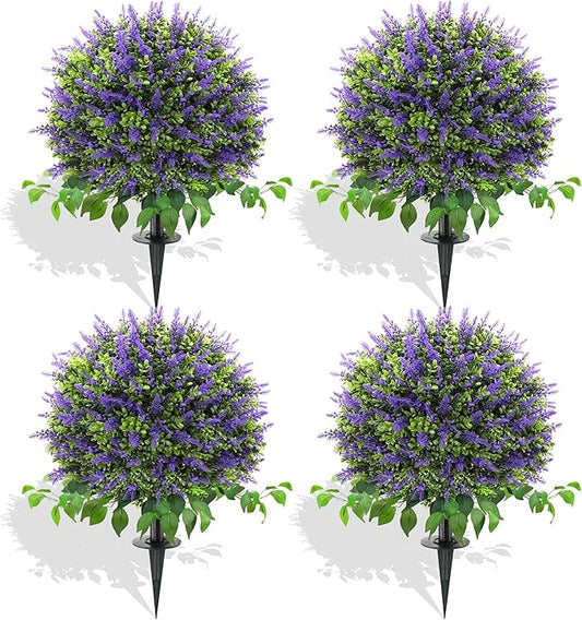 28" Artificial Boxwood Topiary Ball with Lavender, UV Resistant Topiary Tree Faux Boxwood Ball Shaped Porch Bushes with Ground Spike Artificial Bushes for Outdoors Front Door Decor Home Garden