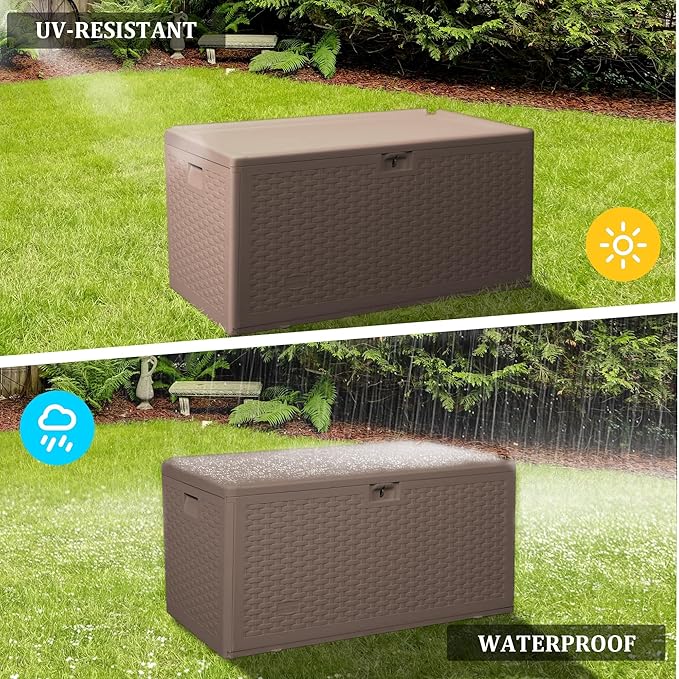 73 Gallon Outdoor Storage Box - Waterproof Resin Deck Box for Patio, Pool & Garden, Lockable Outdoor Cushion Storage & Delivery Boxes for Outside, UV-Resistant, Rich Brown