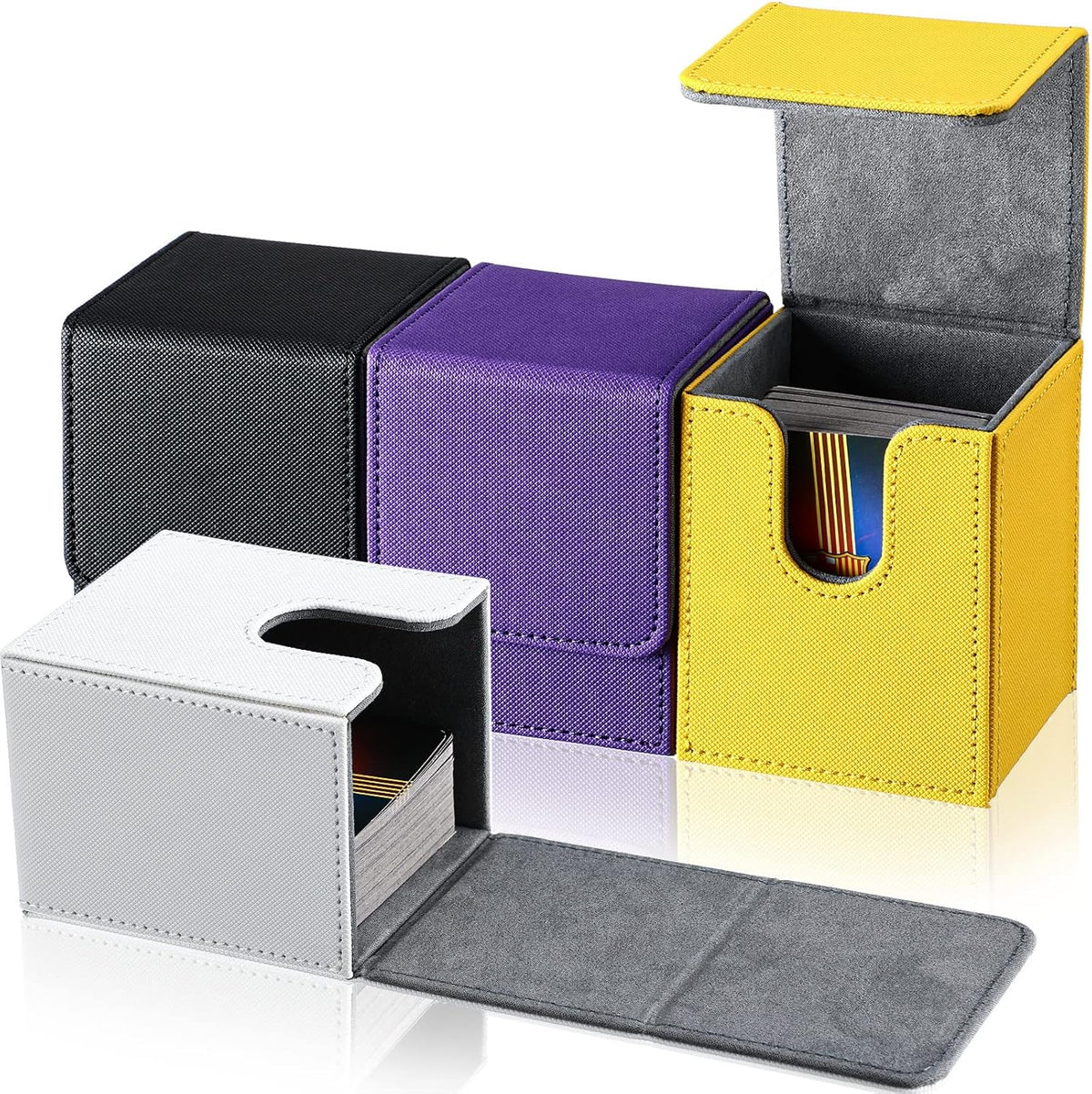 Yookeer 4 Pieces Leather Deck Card Boxes Cards Deck Game Box for Collectible Playing Card Box Compatible with MTG Commander(White, Black, Purple, Yellow,Vertical)