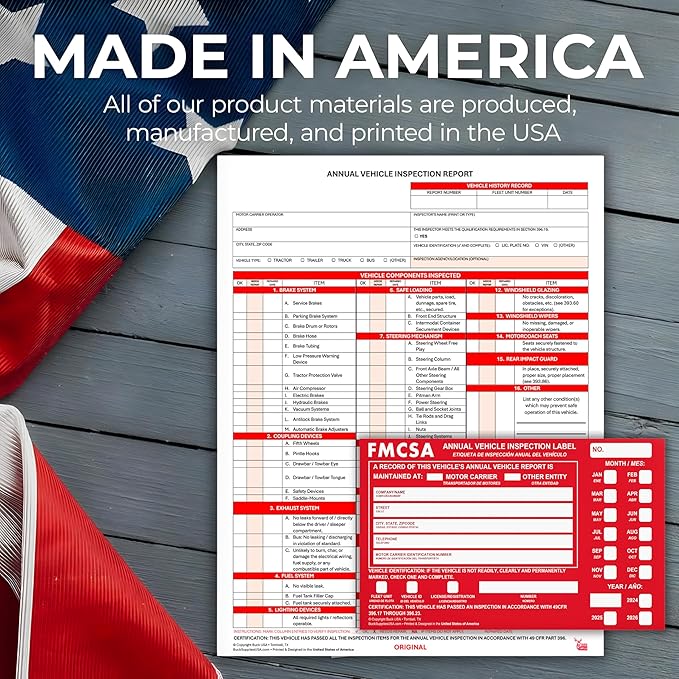 50 Pack 3-Ply Carbonless Annual Vehicle Inspection Report Forms with FMCSA Red Aluminum Adhesive Labels, DOT Inspection Forms and Stickers, Shrink-Wrapped, 8.5" x 11.75" - Made in USA