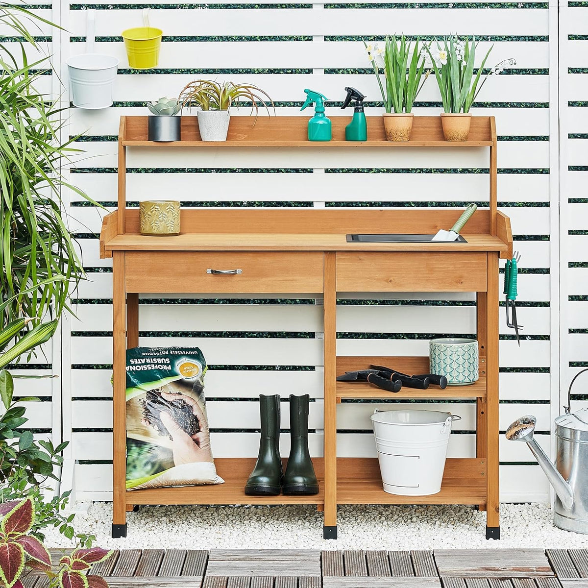 Yaheetech Potting Bench Outdoor Garden Work Bench Station Planting Solid Wood Construction for Horticulture w/Sink Drawer Rack Shelves Natural Wood