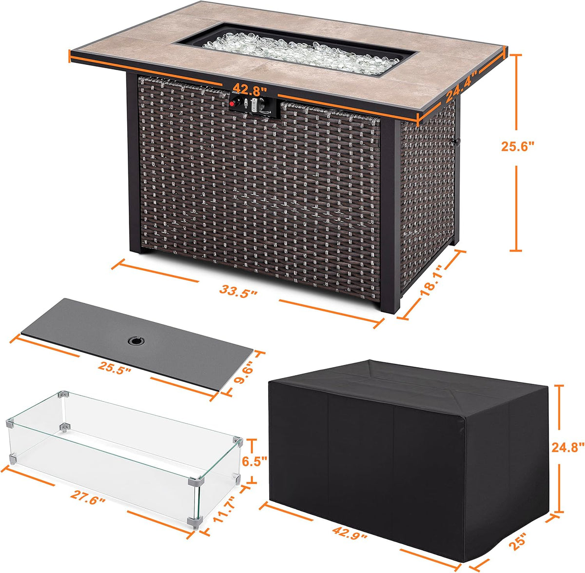 Nuu Garden Outdoor 43" 50,000 BTU Propane Gas Fire Pit Table, Ceramic Tabletop and Rattan Weaved Iron Frame, Water-Proof Oxford Cover, Glass Wind Guard, Glass Beads, Lid Included, Dark Brown & Coffee