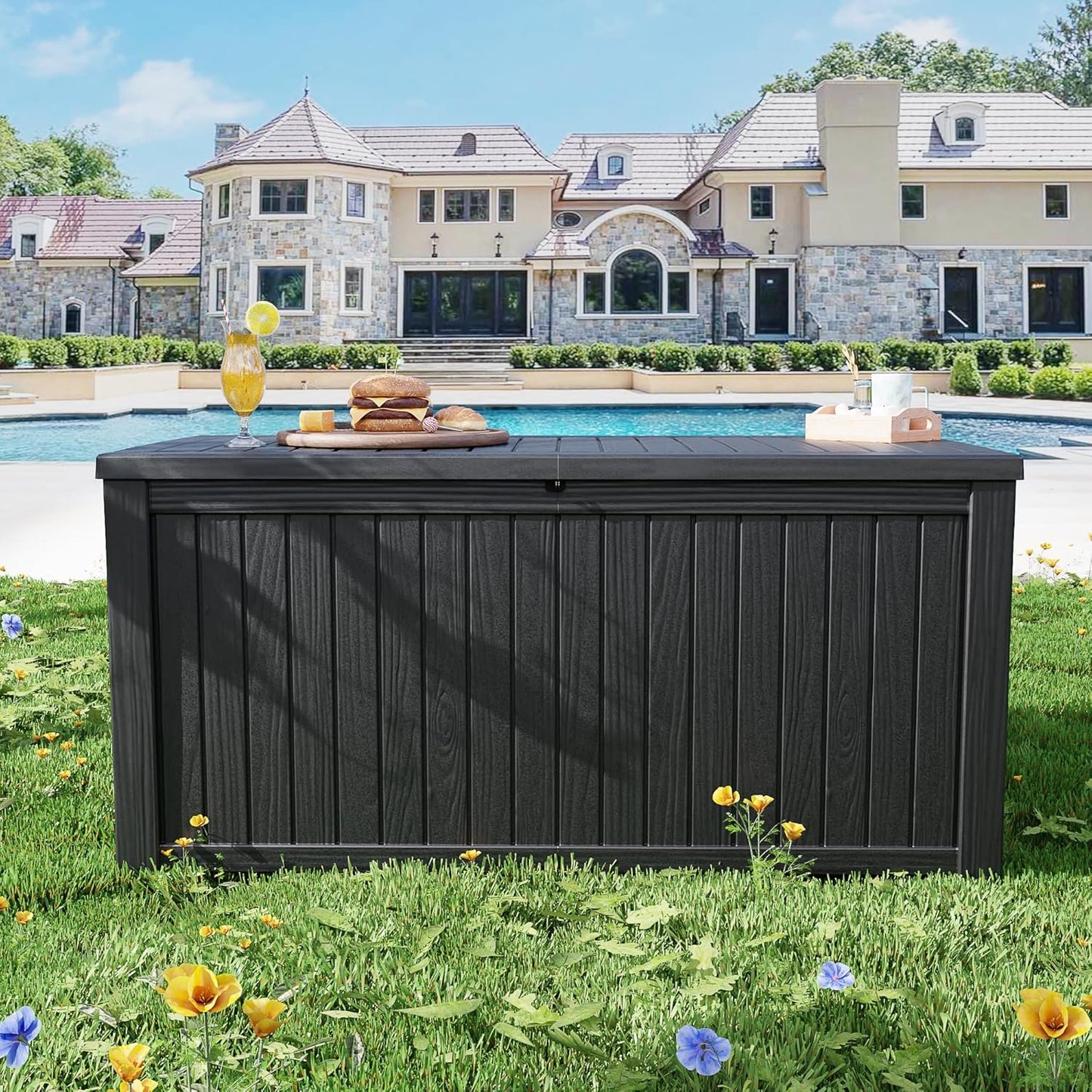 200 Gallon Black Resin Deck Box - Lockable, Waterproof & UV-Resistant Outdoor Storage for Patio Furniture, Garden Tools, Pool Floats - Heavy-Duty Utility Container for Decks