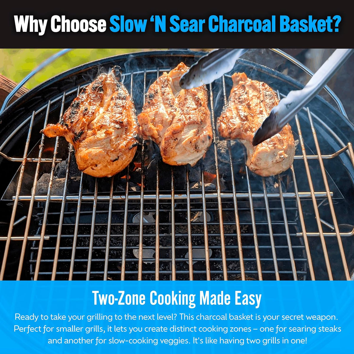 SnS Grills Slow ‘N Sear Charcoal Inserts for Low ‘N Slow & High-Heat Cooking - Patented Stainless Steel Accessories for Kettle Grills - Charcoal Basket 18"