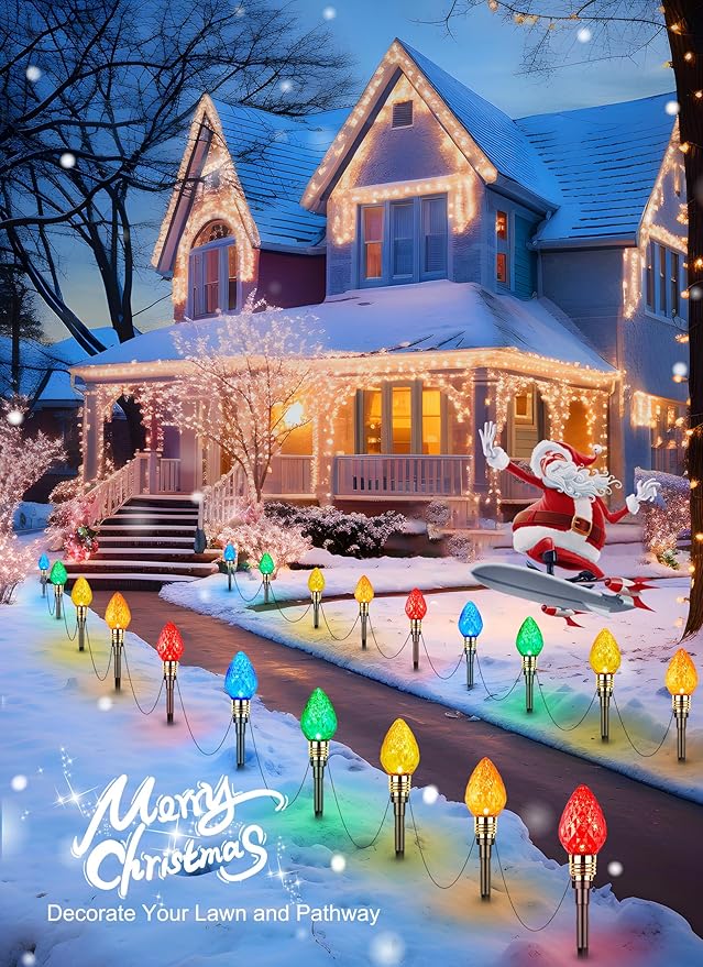 Brightown 4 Pack Strawberry C9 Christmas Pathway Lights Outdoor - Total 69.6 Feet 40 LED Christmas Walkway Lights,Colored Bulb Christmas Lights Outdoor Decorations for Lawn Holiday Outside, Multicolor