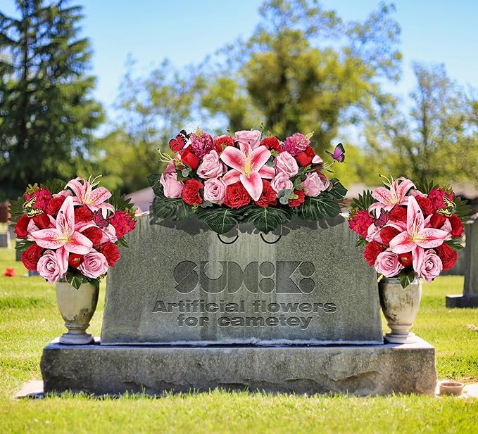 Handmade Cemetery Flowers with Vase for Grave Decor, Artificial Headstone Flower, Bright and Colorfast,Pink Rose Lily/Red Carnation