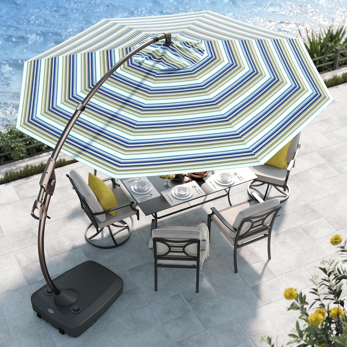 Grand patio 11 FT Cantilever Umbrella with Base Outdoor Large Round Aluminum Offset Umbrella for Pool Garden Backyard (Stripes, 11 FT)