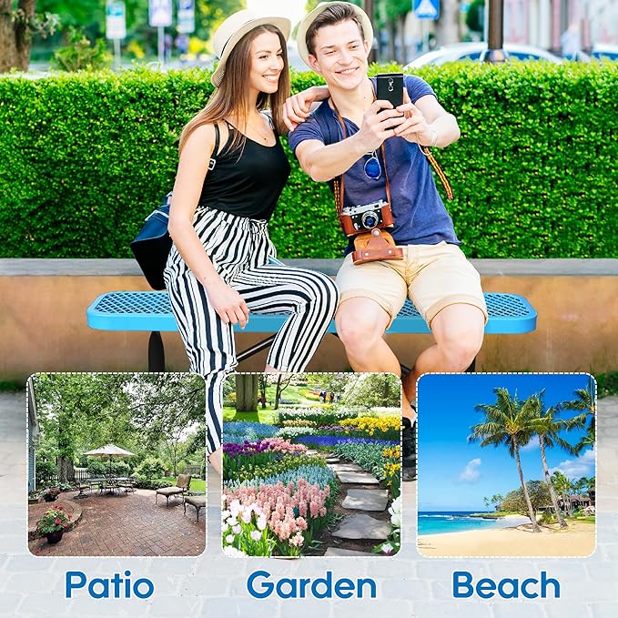 4 Feet Heavy Duty Metal Park Bench for Outside, Outdoor Bench with Portable Frame, Commercial Benches for Shopping Mall, Store, Park, Patio, Deck, Blue