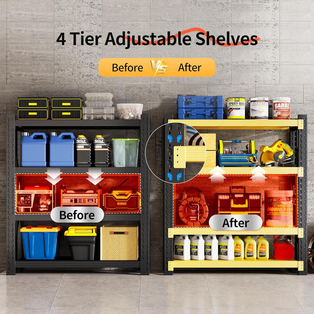 Garage Shelving Unit, 4 Tier Heavy Duty Racks, Easy Assembly, Metal Racks with Adjustable Shelves, 3000 LBS Load Capacity,for Warehouse,Basement (Black&Yellow, 19.7" D x 47.2" W x 78.7" H)
