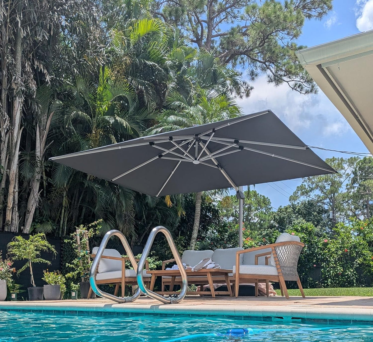 PURPLE LEAF 10' X 13' Double Top Deluxe Solar Powered LED Rectangle Patio Umbrella Offset Hanging Umbrella Outdoor Cantilever Umbrella, Grey