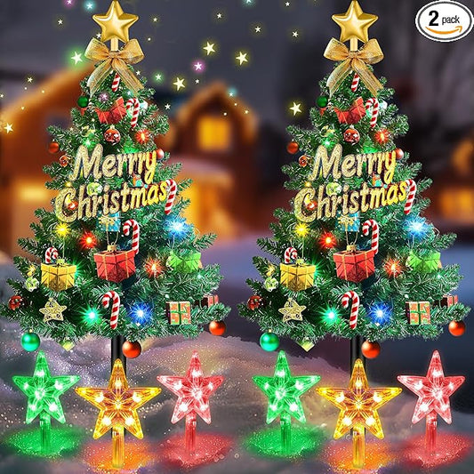 Christmas Tree Lights Outdoor Decorations: 2 Pack 72LED Artificial Small Christmas Tree, 8 Colorful Modes Solar Christmas Lights, Prelit Christmas Tree Lights with 34PCS Xmas Ornaments 6 Lighted Star