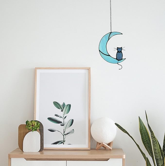 Black Cat On Bule Moon Stained Glass