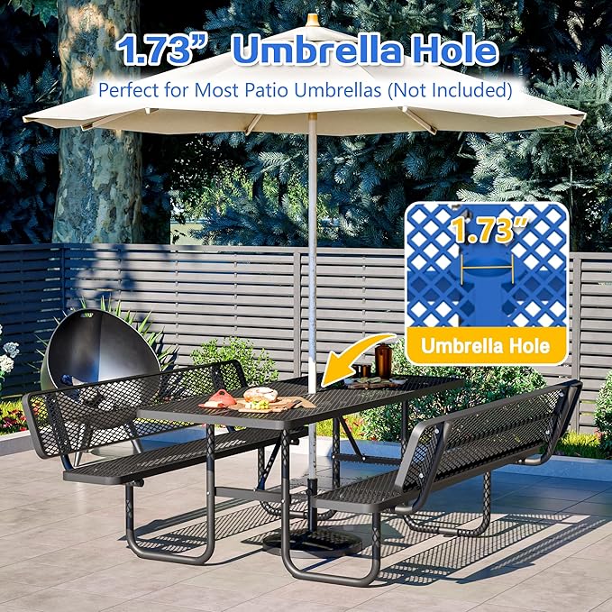79'' Steel Rectangular Picnic Table for Outdoors, with backrest, Expanded, Lifetime Picnic Table with Umbrella Hole, Heavy Duty Sturdy Commercial Picnic Tables for Garden Courtyard BBQ, Blue