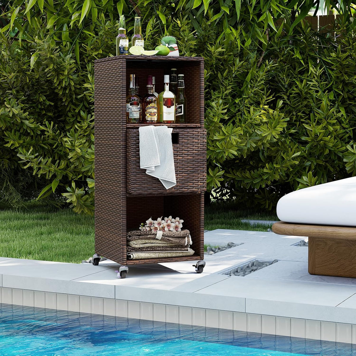 Tangkula Rattan Outdoor Storage Cabinet, Patiojoy Outdoor Wicker Cabinet with 3 Shelves, 1 Removable Drawer, 4 Wheels, Patio Storage Deck Box Cart for Backyard Poolside Porch (Mix Brown)