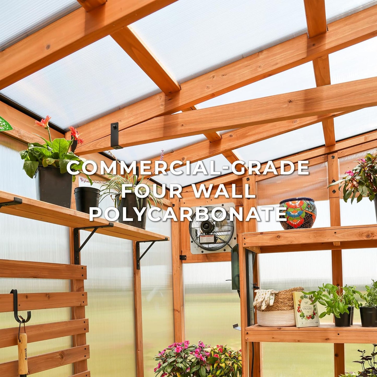 Backyard Discovery Poppy 11' x 7' Cedar Wood and Polycarbonate Walk-In Greenhouse Kit with Exhaust Fan, Windows, Hose Hook-Ups, PowerPort, Staging Shelves, Plant Hooks for Year-Round Outdoor Gardening