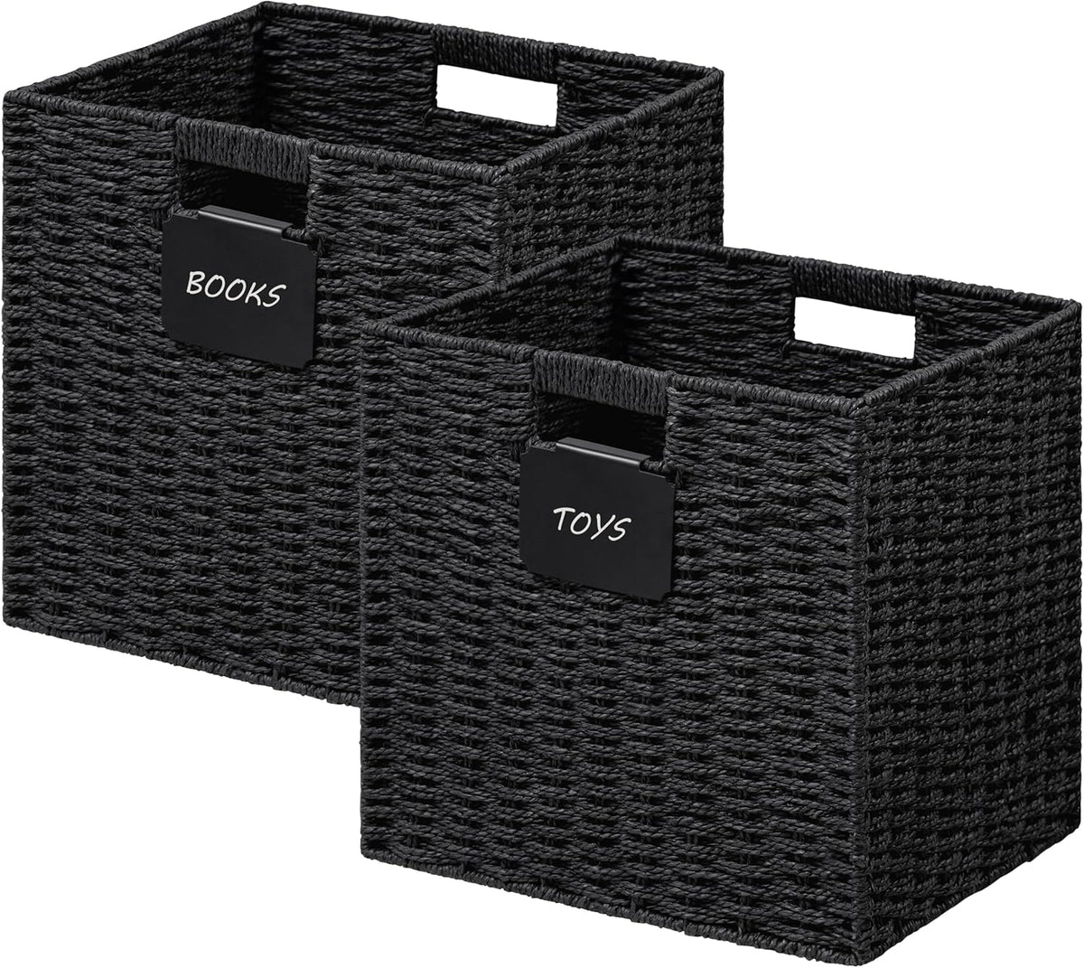 UBBCARE 2 Pack Wicker Basket, 12×12 Storage Cubes with Label, Foldable Cube Storage Bin with Handle, Square Storage Basket for Shelves, Woven Paper Rope Basket for Organizing, Black
