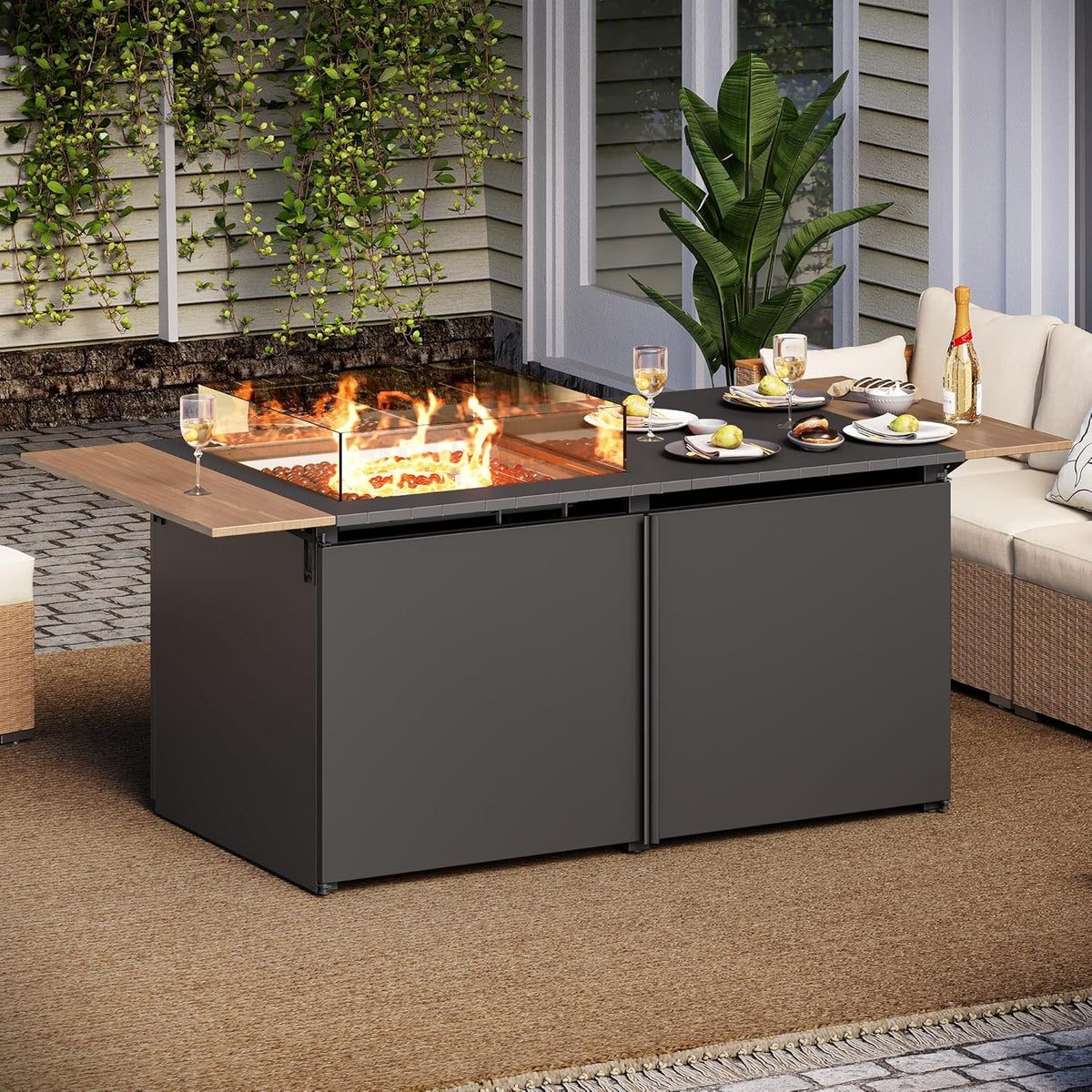 LAUSAINT HOME 64" Gas Fire Pit Table for Outside Patio, 55,000 BTU Propane Firepit with Expandable Tabletop & Wind Guard