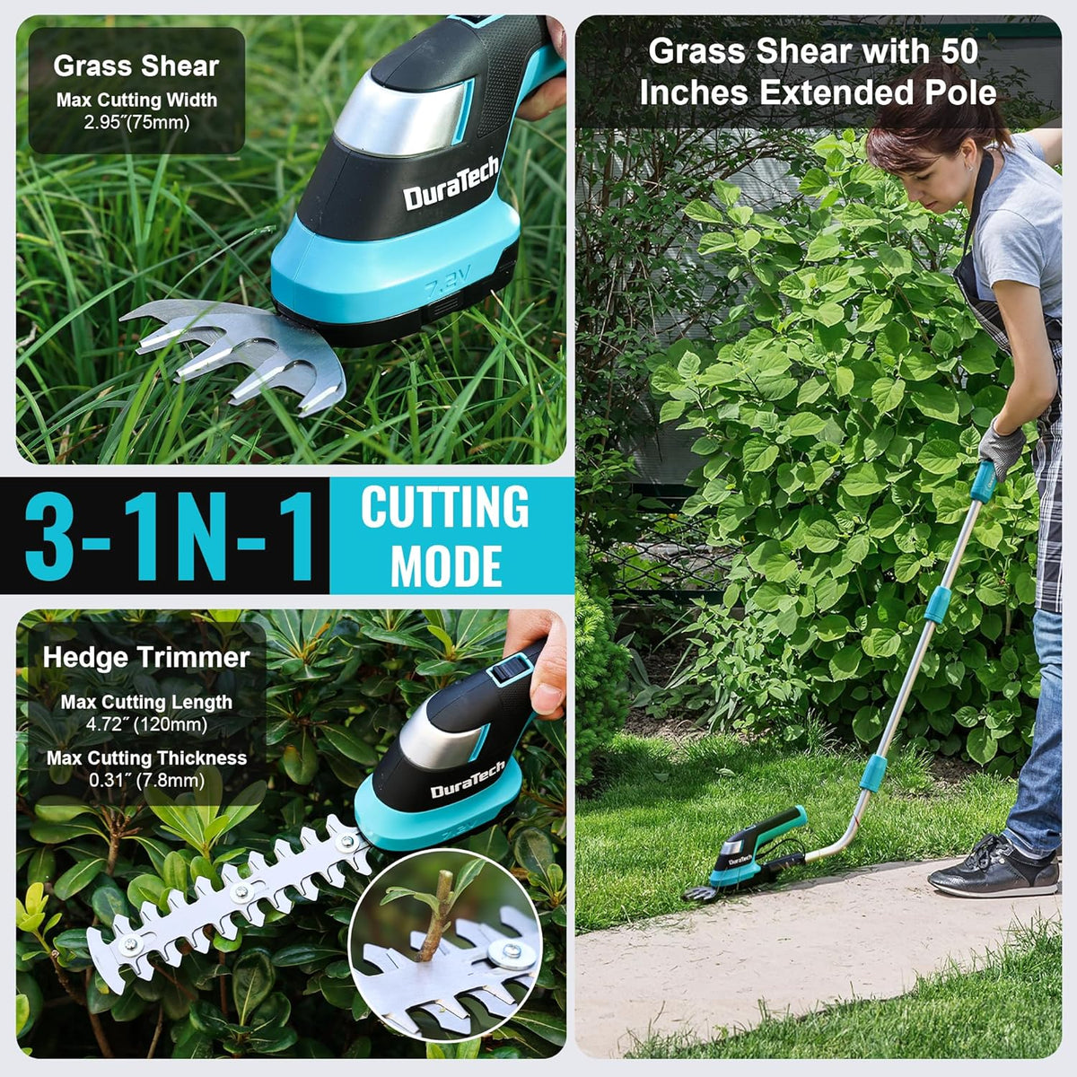 DURATECH Cordless Hedge Trimmer, 7.2V 3-in-1 Handheld Electric Grass Trimmer & Hedge Shears with 50" Wheeled Extension Pole, USB Type-C Cable and Built-in Li-ion Battery, for Garden, Yard and Lawn
