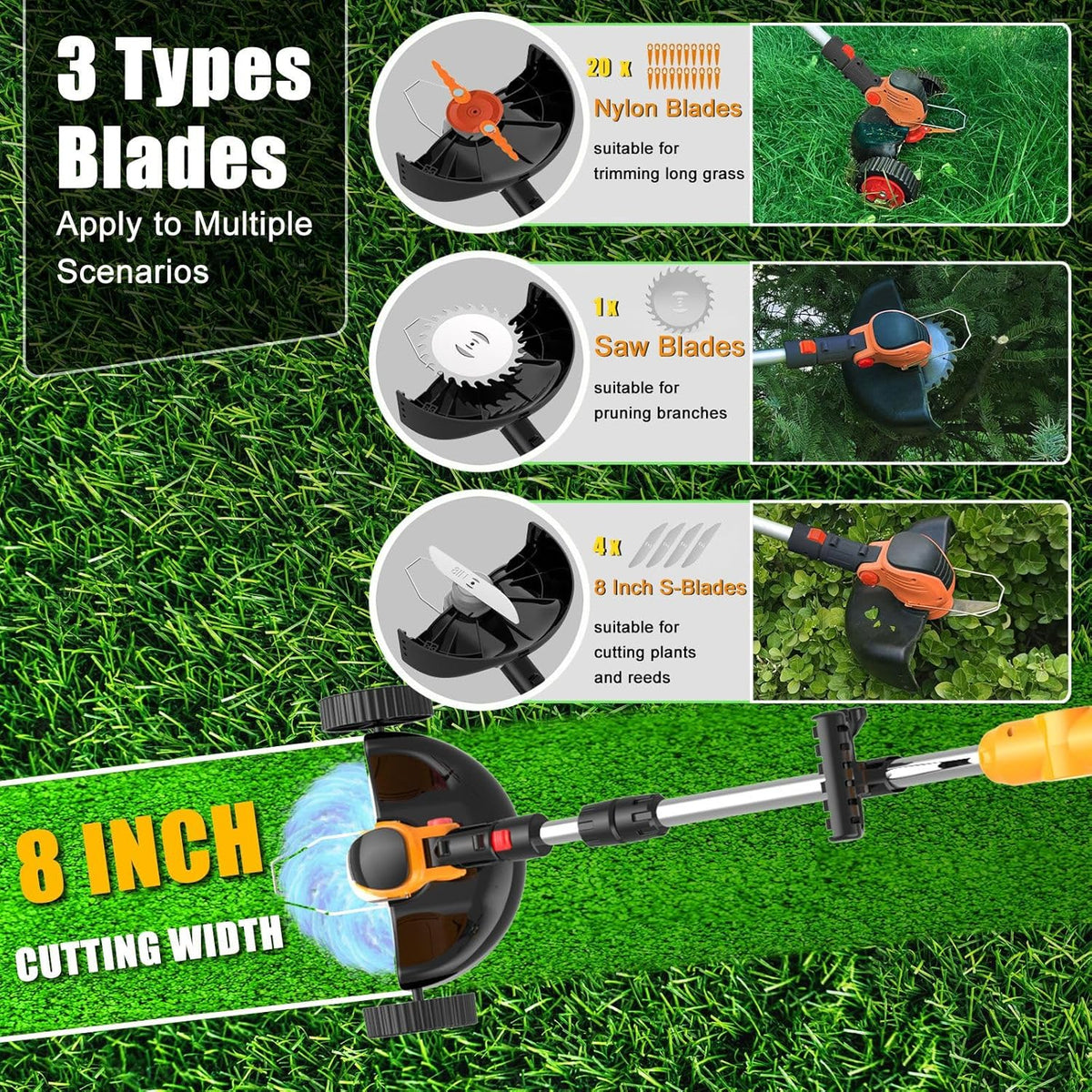 Cordless Weed Wacker Electric Eater Battery Powered, 21v Lightweight Weed Trimmer With 2 4.0Ah Battery Operated & Charger & Wheels & Shears, 3 In1 Grass Trimmer/Brush Cutter/Edger for Yard Garden Lawn