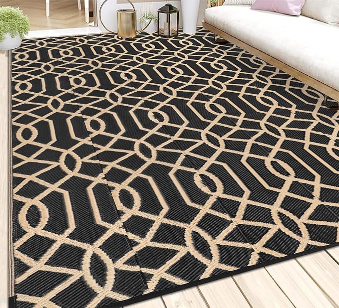 HEBE Outdoor Rug Waterproof 8x10, Reversible Plastic Straw Rug RV Camping Rug, Indoor Outdoor Patio Mat Clearance, Outside Carpet for Porch,Deck,Camper,Balcony,Backyard,Picnic